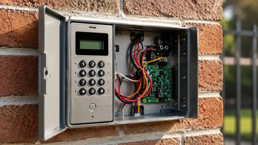 Open access-control keypad showing its wiring and circuit board