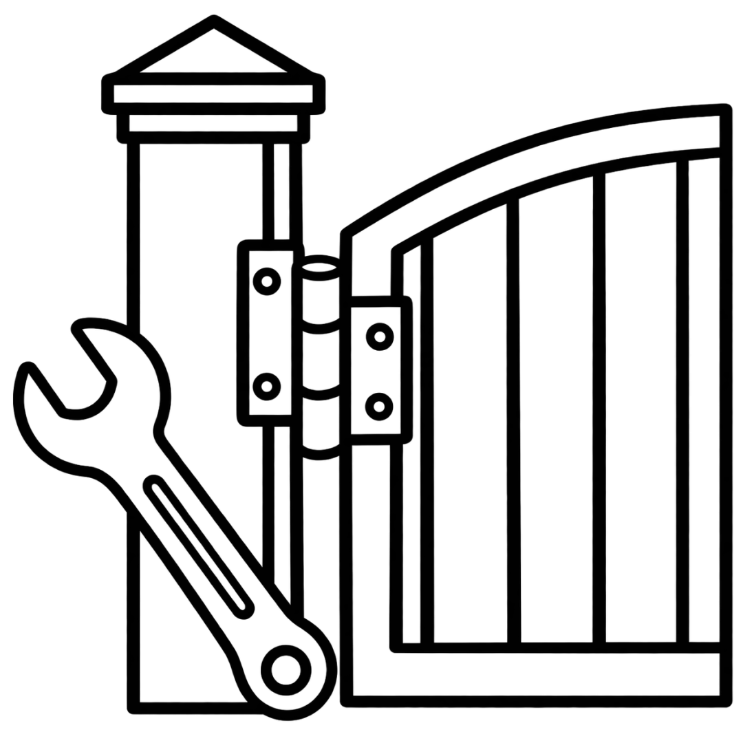 Line illustration of a gate hinge and repair spanner