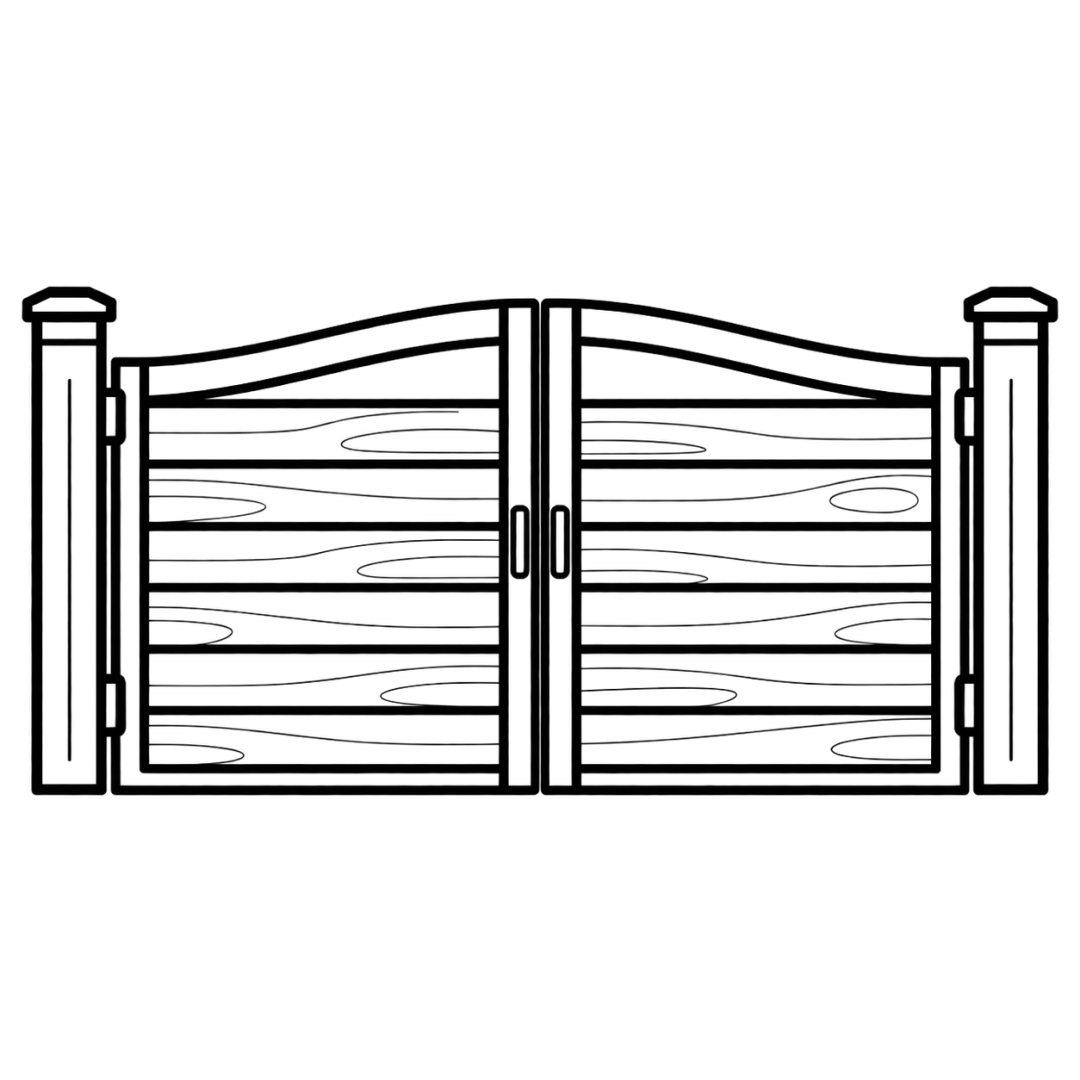 Line illustration of double gates with wood-grain panels